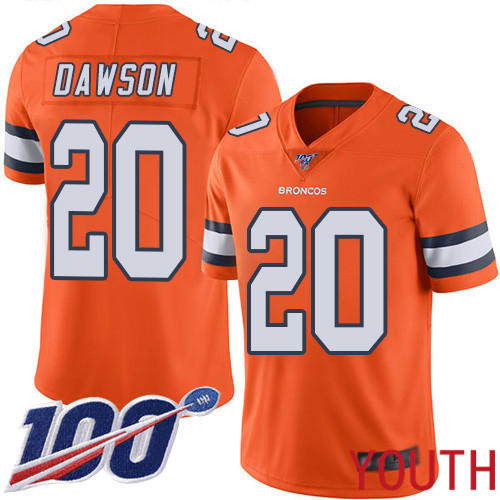 Youth Denver Broncos 20 Duke Dawson Limited Orange Rush Vapor Untouchable 100th Season Football NFL Jersey